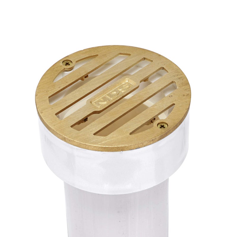 NDS 909B*, 3-Inch Round Grate with Collar, Connects to 2-Inch Drain Pipe and 3-Inch Drain Fittings, for Small Lawns, Landscaping and Patios, White Plastic and Satin Brass - Image 2